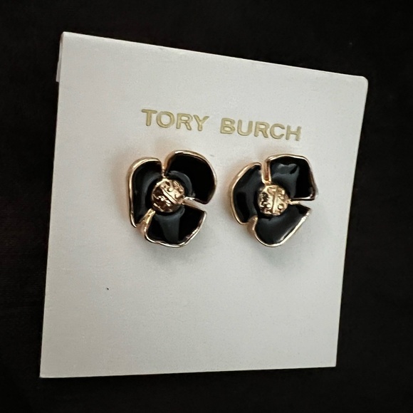 NWOT Tory Burch Authentic Small Black Resin Fleur & Gold Tone Logo Stud Earrings - Picture 4 of 10